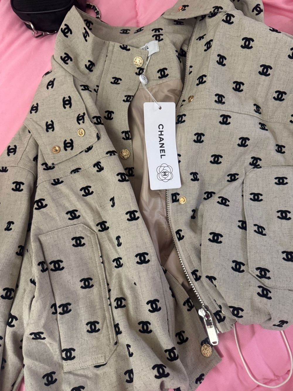 CHANEL Beige Tweed Jacket with Black CC Motif